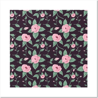 Hand Drawn Pink Spring Rose Pattern on Dark Background Posters and Art